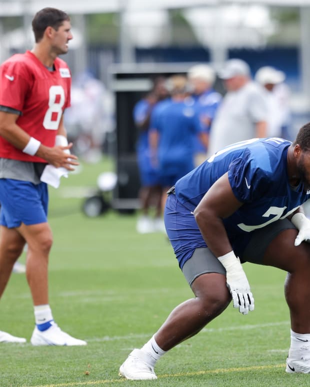 Jul 29, 2022; East Rutherford, NJ, USA; New York Giants tackle Evan Neal (70) prepares for a play during training camp at Quest Diagnostics Training Facility.
