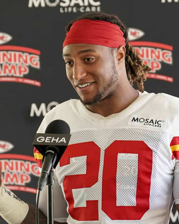 Kansas City Chiefs safety Justin Reid (20) speaks to media after training camp at Missouri Western State University.