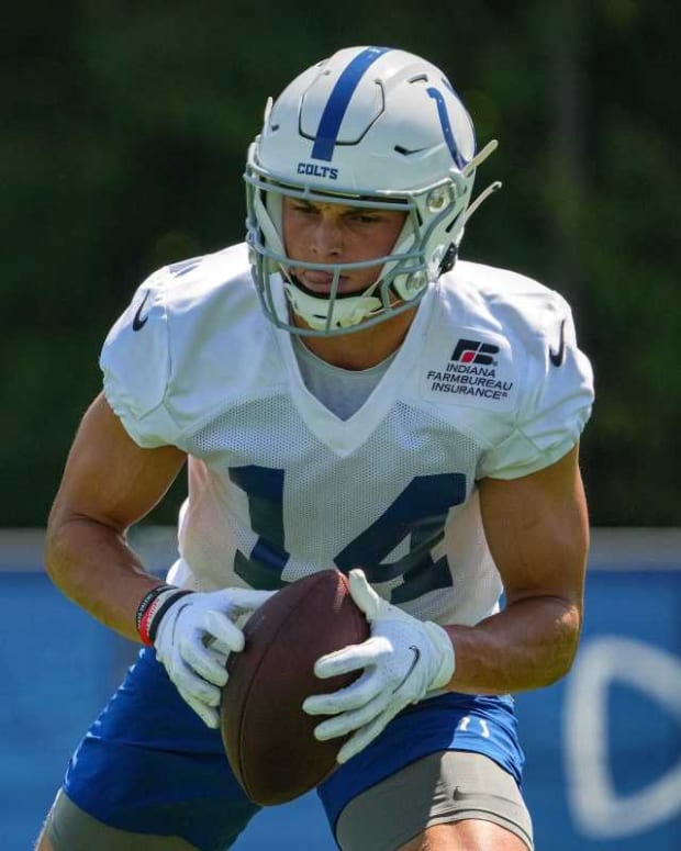Indianapolis Colts wide receiver Alec Pierce (14) runs a drill during training camp Thursday, July 28, 2022, at Grand Park Sports Campus in Westfield, Ind. Indianapolis Colts Training Camp Nfl Thursday July 28 2022 At Grand Park Sports Campus In Westfield Ind