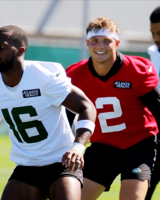 New York Jets QB Zach Wilson smiling in training camp