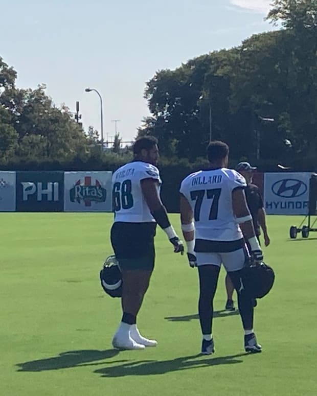 Jordan Mailata (left) and Andre Dillard were listed as limited participant on Day 10 of training camp, but practiced some in team drills.