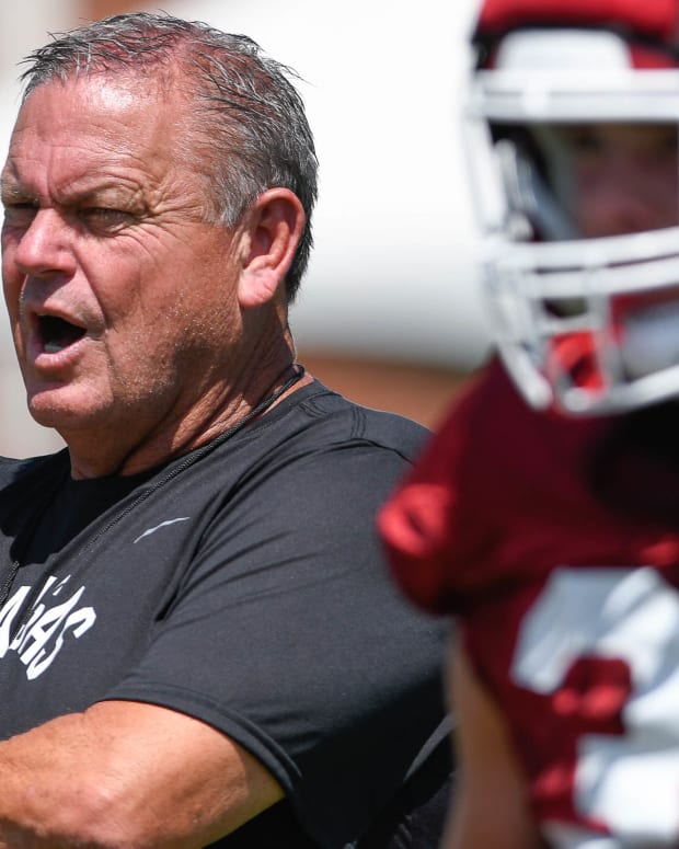 Razorbacks coach Sam Pittman during the first workout in pads Thursday, Aug. 11, 2022, on the outdoor practice fields in Fayetteville, Arkansas.