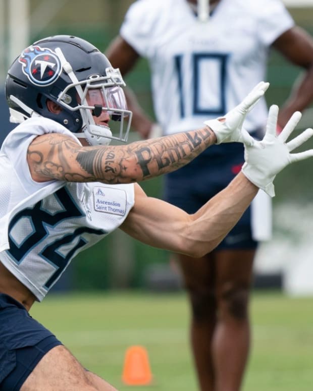 Tennessee Titans wide receiver Brandon Lewis (84) pulls in a catch during a training camp practice at Saint Thomas Sports Park Thursday, July 28, 2022, in Nashville, Tenn.