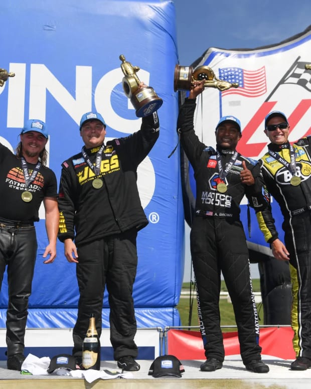 Here's your NHRA winners from Topeka on Sunday (from left): Joey Gladstone, Troy Coughlin Jr., Antron Brown and Bob Tasca III. Photo courtesy NHRA.