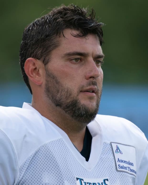 Tennessee Titans kicker Randy Bullock (14) walks off the field after a training camp practice at Ascension Saint Thomas Sports Park Sunday, Aug. 7, 2022, in Nashville, Tenn.