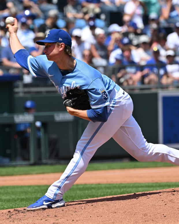 Aug 14, 2022; Kansas City, Missouri, USA; Kansas City Royals starting pitcher Brady Singer (51) delivers a pitch during the second inning against the Los Angeles Dodgers at Kauffman Stadium. Mandatory Credit: Peter Aiken-USA TODAY Sports