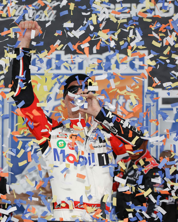 Kevin Harvick celebrates after winning at Richmond, his second consecutive win after failing to win his previous 65 tries. Photo courtesy NASCAR.