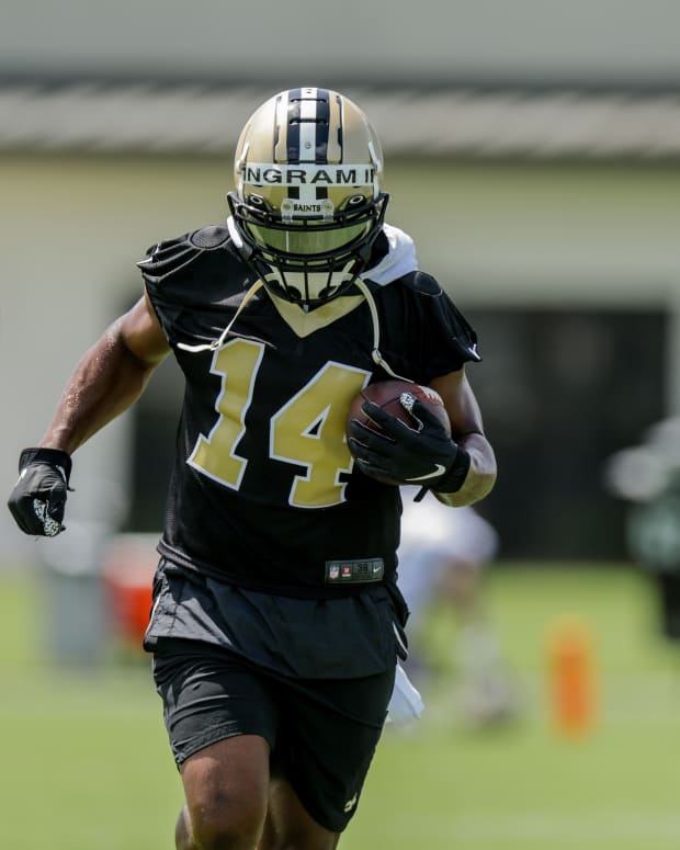 Jun 14, 2022; New Orleans, Louisiana, USA; New Orleans Saints running back Mark Ingram II (14) runs drills during minicamp at the New Orleans Saints Training Facility. Mandatory Credit: Stephen Lew-USA TODAY Sports