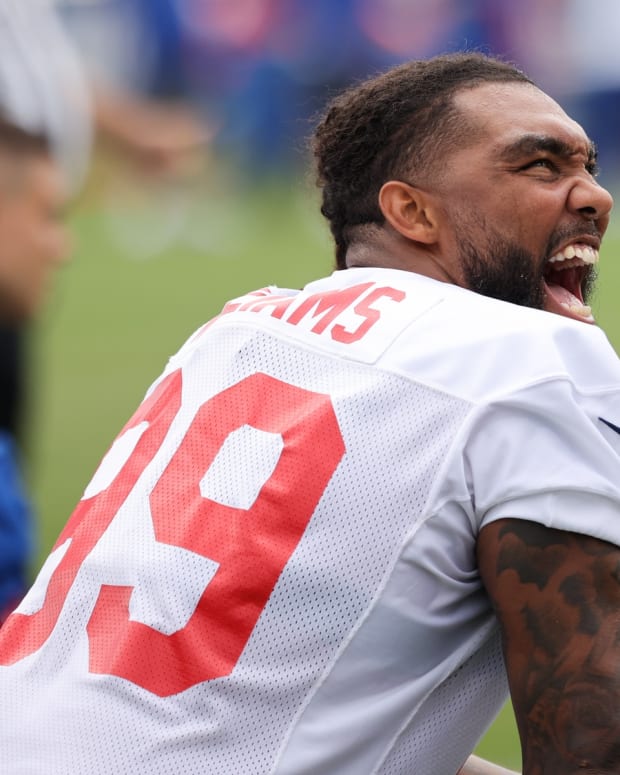 Jul 29, 2022; East Rutherford, NJ, USA; New York Giants defensive lineman Leonard Williams (99) laughs during training camp at Quest Diagnostics Training Facility.