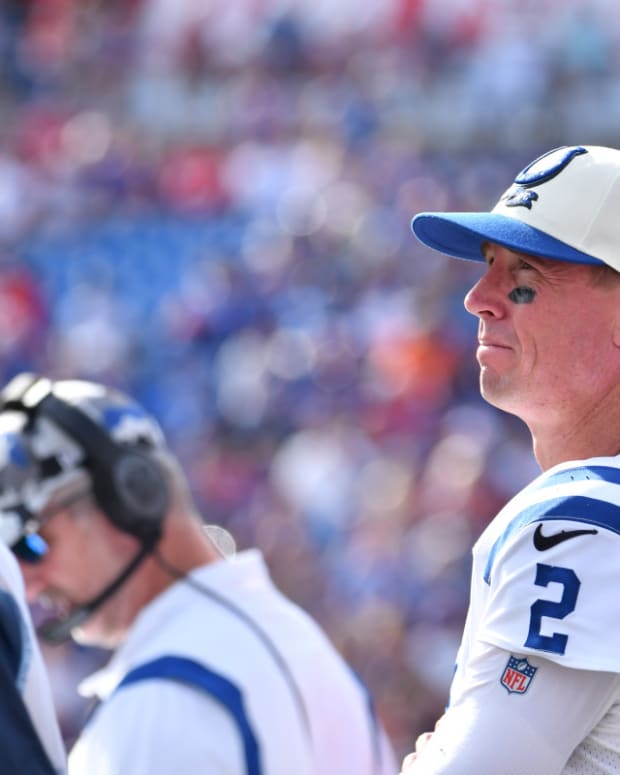 Aug 13, 2022; Orchard Park, New York, USA; Indianapolis Colts quarterback Matt Ryan (2) watches from the sideline in the second quarter pre-season game against the Buffalo Bills at Highmark Stadium.