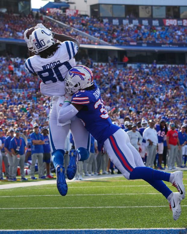 Aug 13, 2022; Orchard Park, New York, USA; Indianapolis Colts tight end Jelani Woods (80) catches a pass for a touchdown with Buffalo Bills safety Josh Thomas (36) defending during the second half at Highmark Stadium. Mandatory Credit: Gregory Fisher-USA TODAY Sports