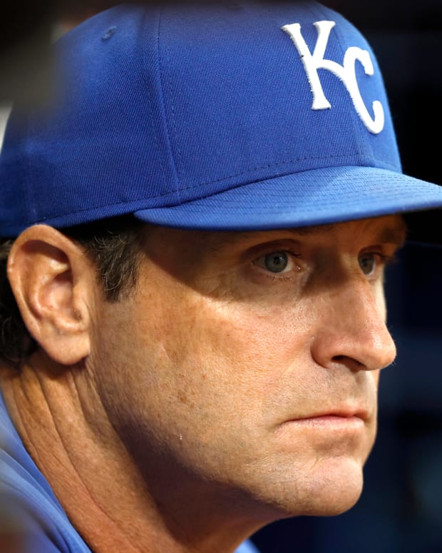 Aug 19, 2022; St. Petersburg, Florida, USA; Kansas City Royals manager Mike Matheny (22) looks on against the Tampa Bay Rays during the ninth inning at Tropicana Field. Mandatory Credit: Kim Klement-USA TODAY Sports