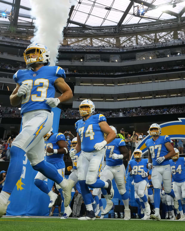 Aug 20, 2022; Inglewood, California, USA; Los Angeles Chargers players enter the field before a game against the Dallas Cowboys at SoFi Stadium. Mandatory Credit: Kirby Lee-USA TODAY Sports