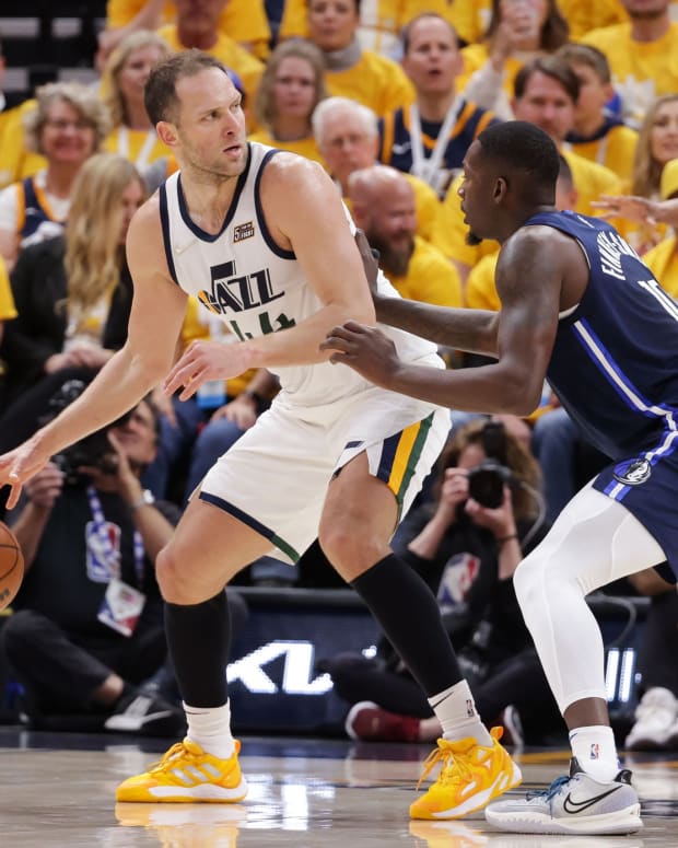 Utah Jazz forward Bojan Bogdanovic (44) dribbles the ball against Dallas Mavericks forward Dorian Finney-Smith (10) during the first quarter in game four of the first round for the 2022 NBA playoffs at Vivint Arena.
