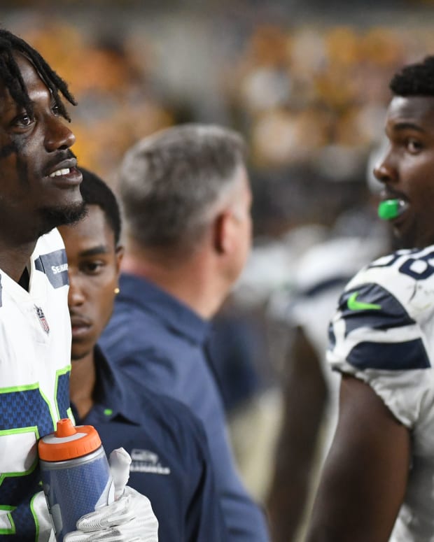 Aug 13, 2022; Pittsburgh, Pennsylvania, USA; Seattle Seahawks cornerback Tariq Woolen (39) on the sidelines against the Pittsburgh Steelers during the fourth quarter at Acrisure Stadium. Mandatory Credit: Philip G. Pavely-USA TODAY Sports