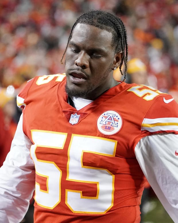 Dec 5, 2021; Kansas City, Missouri, USA; Kansas City Chiefs defensive end Frank Clark (55) on the sidelines against the Denver Broncos during the game at GEHA Field at Arrowhead Stadium. Mandatory Credit: Denny Medley-USA TODAY Sports