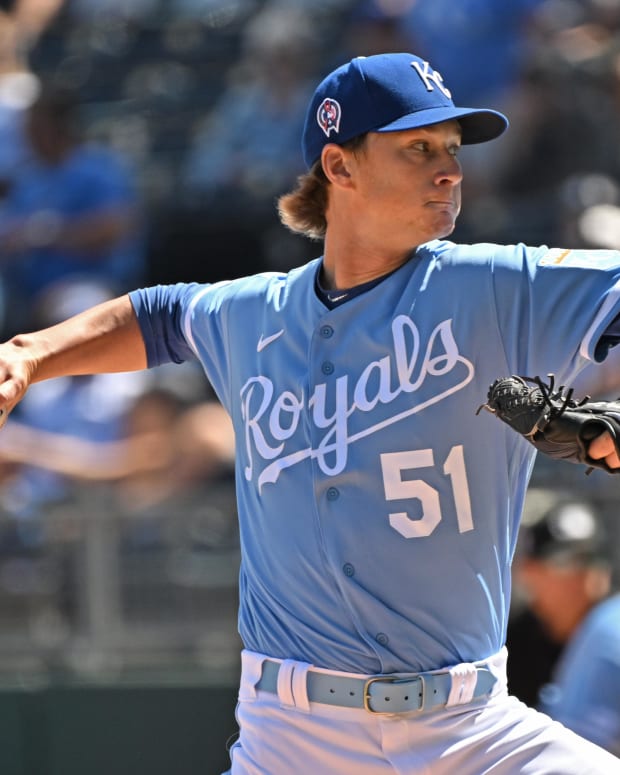 Sep 11, 2022; Kansas City, Missouri, USA; Kansas City Royals starting pitcher Brady Singer (51) delivers a pitch during the first inning against the Detroit Tigers at Kauffman Stadium. Mandatory Credit: Peter Aiken-USA TODAY Sports