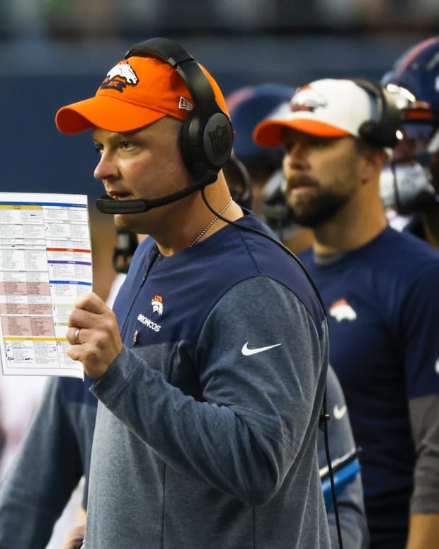 Denver Broncos head coach Nathaniel Hackett stands on the sideline during the third quarter at Lumen Field.