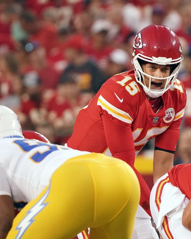 Sep 15, 2022; Kansas City, Missouri, USA; Kansas City Chiefs quarterback Patrick Mahomes (15) calls out the play before the snap against the Los Angeles Chargers during the first half at GEHA Field at Arrowhead Stadium. Mandatory Credit: Denny Medley-USA TODAY Sports