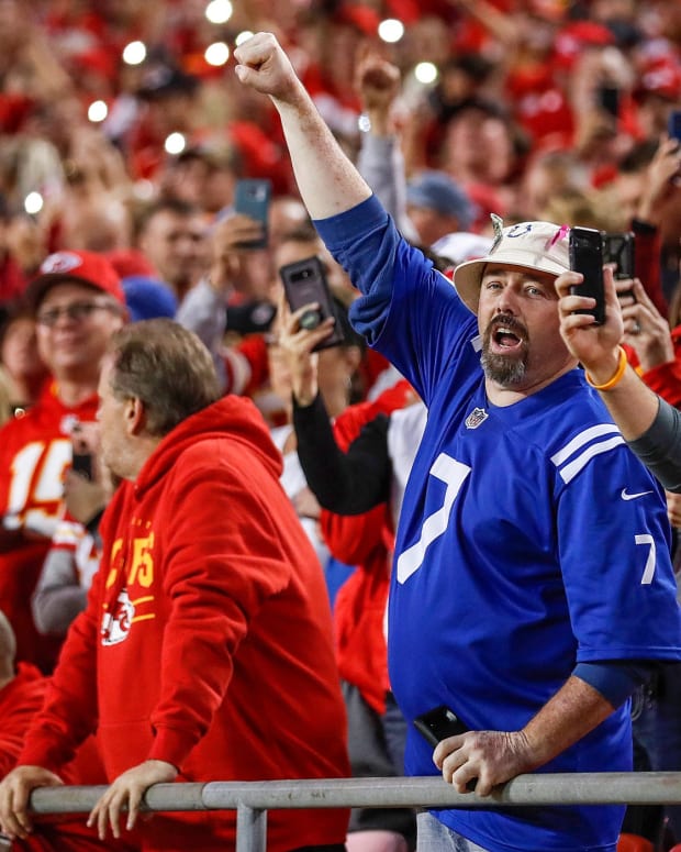 An Indianapolis Colts fan cheers at the start of their game at Arrowhead Stadium in Kansas City, Mo., on Sunday, Oct. 6, 2019. Indianapolis Colts At Kansas City Chiefs In Nfl Week 5 Sunday Oct 6 2019