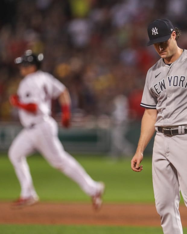New York Yankees SP Gerrit Cole reacts to giving up home run