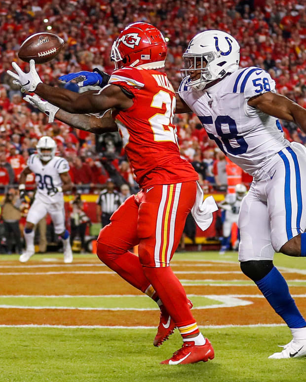 Indianapolis Colts inside linebacker Bobby Okereke (58) knocks away a touchdown pass intended for Kansas City Chiefs running back Damien Williams (26) during the first quarter of their game at Arrowhead Stadium in Kansas City, Mo., on Sunday, Oct. 6, 2019. Indianapolis Colts At Kansas City Chiefs In Nfl Week 5 Sunday Oct 6 2019