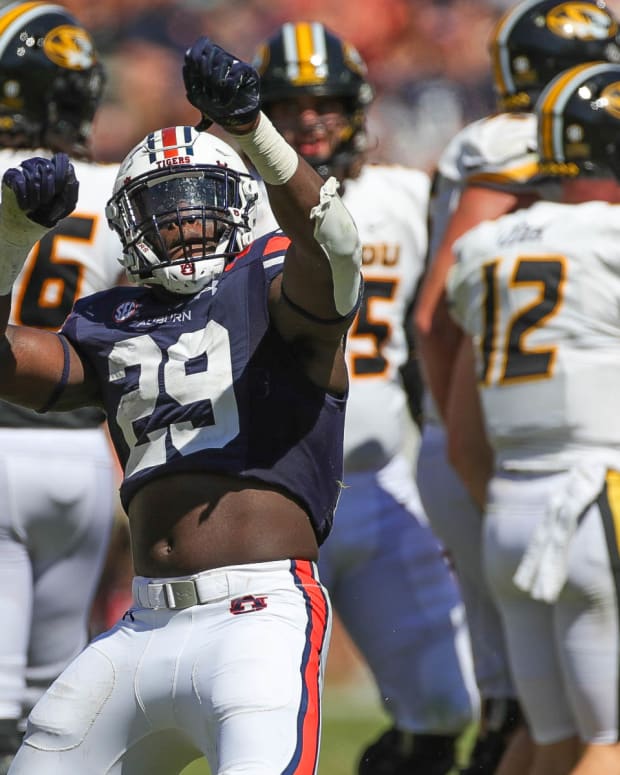Auburn Tigers linebacker Derick Hall (29) celebrates his sack during the game between the Missouri Tigers and the Auburn Tigers at Jordan-Hare Stadium on Sept. 24, 2022.