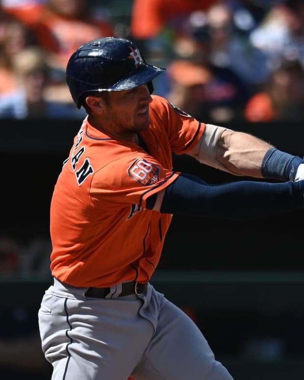 Sep 25, 2022; Baltimore, Maryland, USA; Houston Astros third baseman Alex Bregman (2) swings through a first inning single against the Baltimore Orioles at Oriole Park at Camden Yards. Mandatory Credit: Tommy Gilligan-USA TODAY Sports