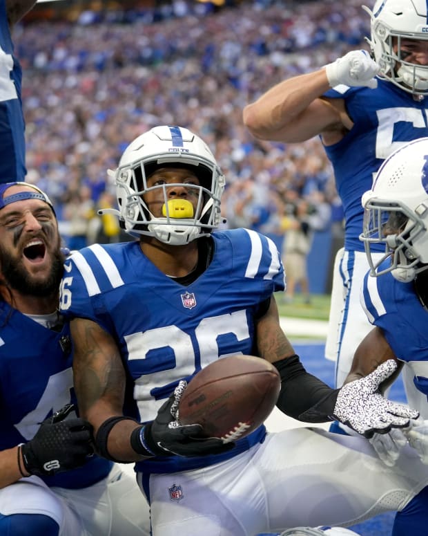 Indianapolis Colts players celebrate Sunday, Sept. 25, 2022, during a game against the Kansas City Chiefs at Lucas Oil Stadium in Indianapolis.