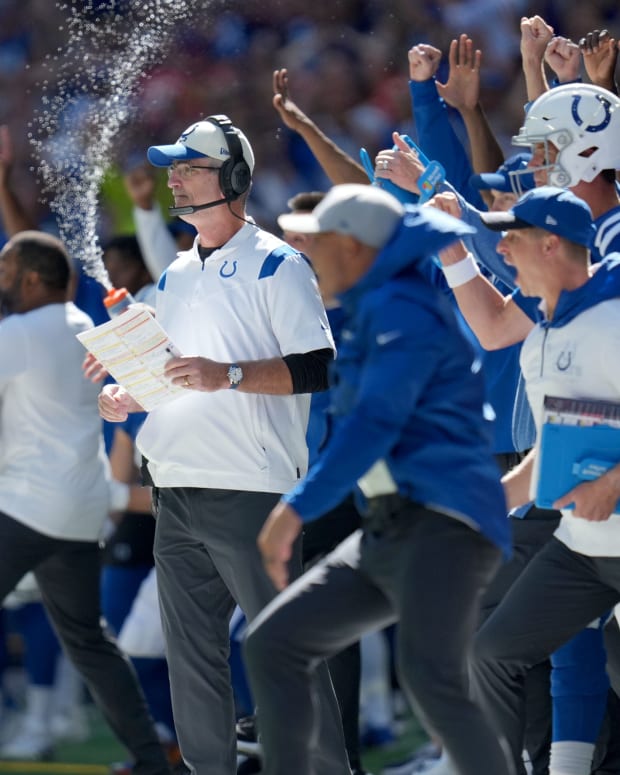 The Indianapolis Colts bench reacts after a play Sunday, Sept. 25, 2022, during a game against the Kansas City Chiefs at Lucas Oil Stadium in Indianapolis.
