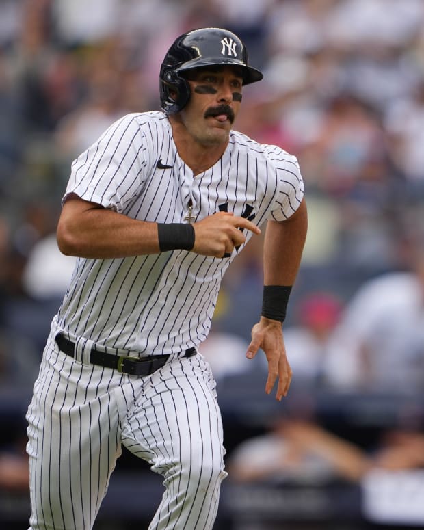 New York Yankees DH Matt Carpenter rounds bases on double