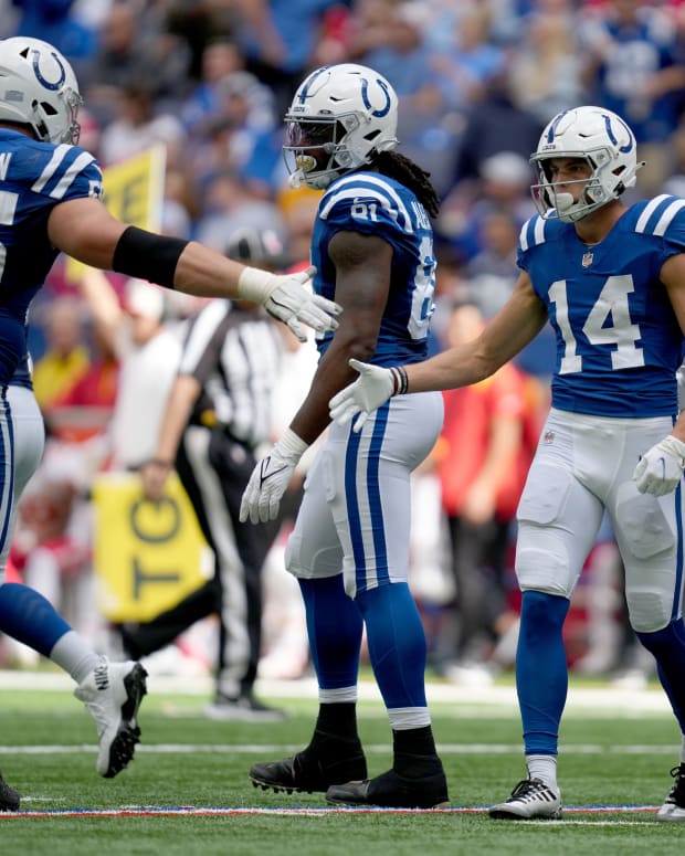 Indianapolis Colts wide receiver Alec Pierce (14) celebrates with teammates after making a catch Sunday, Sept. 25, 2022, during a game against the Kansas City Chiefs at Lucas Oil Stadium in Indianapolis.