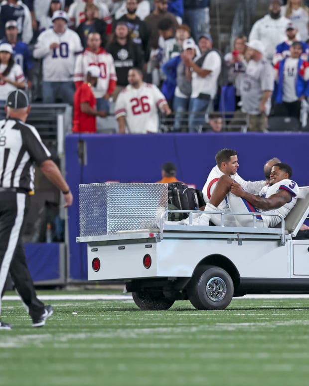 Sep 26, 2022; East Rutherford, New Jersey, USA; New York Giants wide receiver Sterling Shepard (3) leaves on a cart after injuring himself during the second half against the Dallas Cowboys at MetLife Stadium.