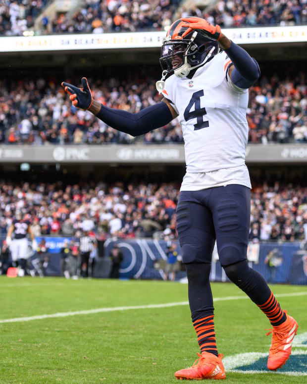 Sep 25, 2022; Chicago, Illinois, USA; Chicago Bears free safety Eddie Jackson (4) celebrates a defensive play in the fourth quarter against the Houston Texans at Soldier Field.