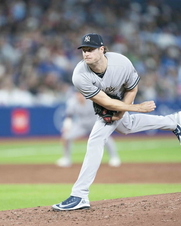 New York Yankees SP Gerrit Cole pitching against Toronto Blue Jays