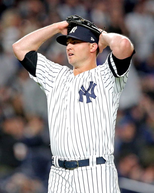 New York Yankees RP Zack Britton reacts on mound