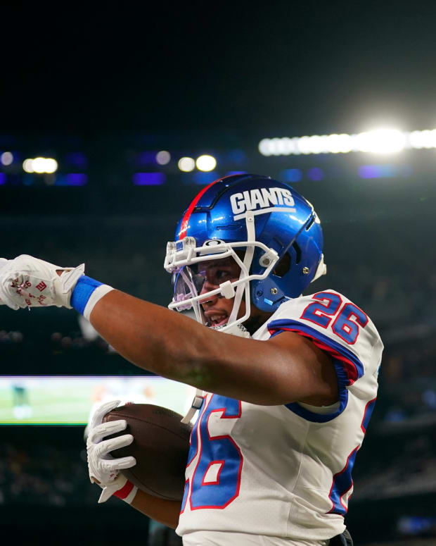 Sept. 26, 2022 - Saquon Barkley points after scoring against the Dallas Cowboys on Monday night.