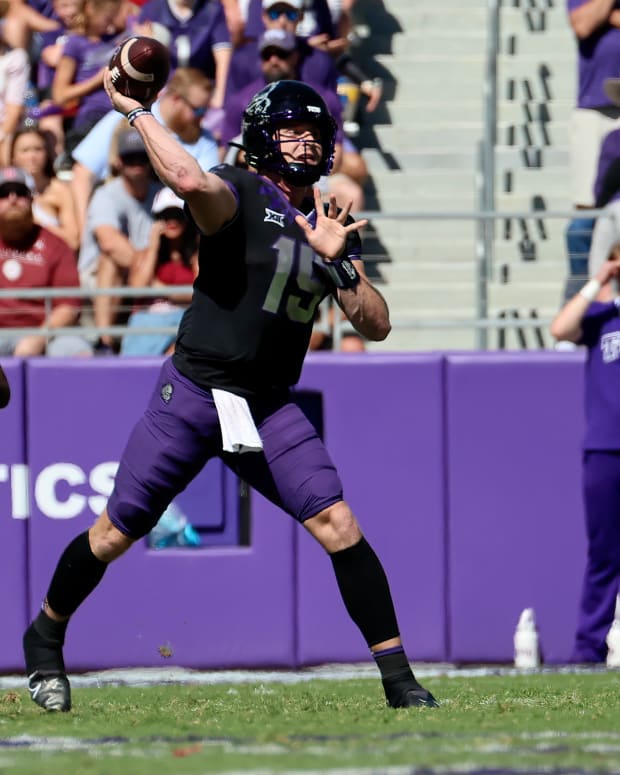 TCU Horned Frogs quarterback Max Duggan (15) throws during the first half against the Oklahoma Sooners at Amon G. Carter Stadium.