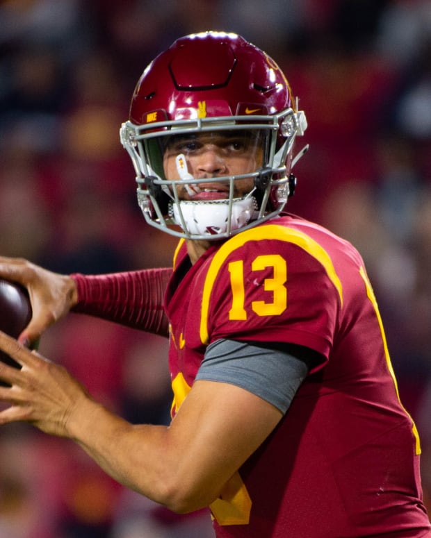 Caleb Williams threw for 348 yards and three touchdowns to lead USC to a 42-25 victory over Arizona State in a Pac-12 football matchup on October 1, 2022 at the Los Angeles Memorial Coliseum.