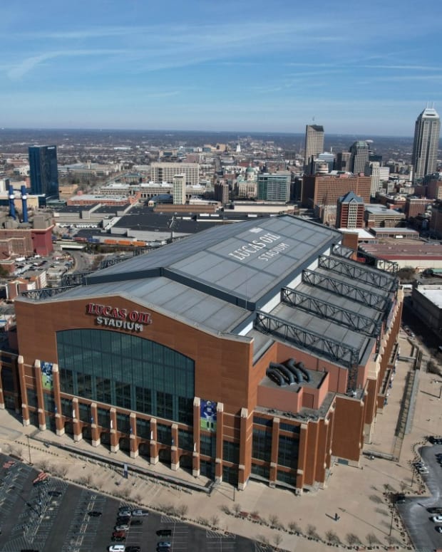 A general overall aerial view of Lucas Oil Stadium, the home of the Indianapolis Colts and site of the 2022 NFL Scouting Combine.