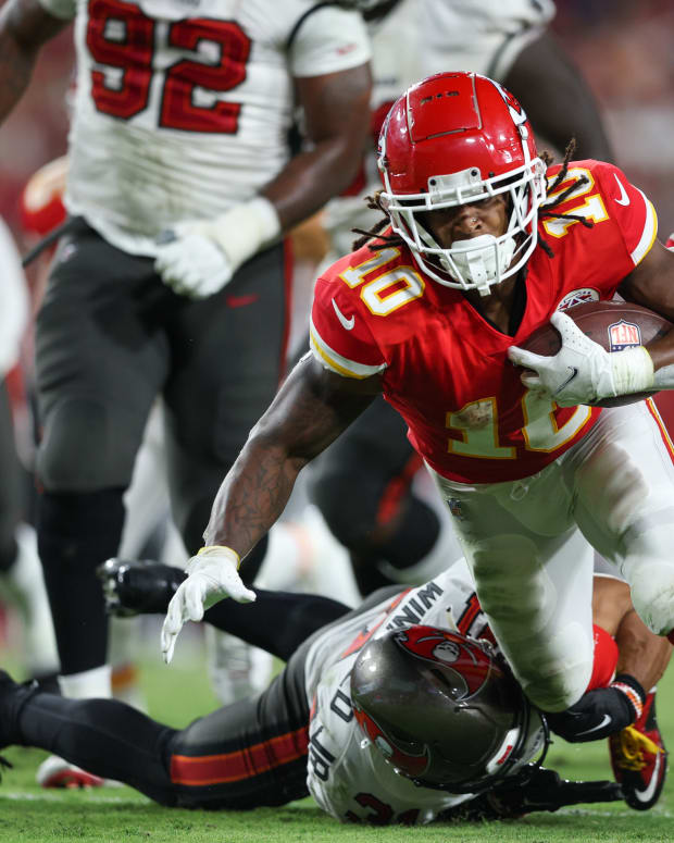 Oct 2, 2022; Tampa, Florida, USA; Kansas City Chiefs running back Isiah Pacheco (10) runs with the ball against the Tampa Bay Buccaneers in the second quarter at Raymond James Stadium. Mandatory Credit: Nathan Ray Seebeck-USA TODAY Sports