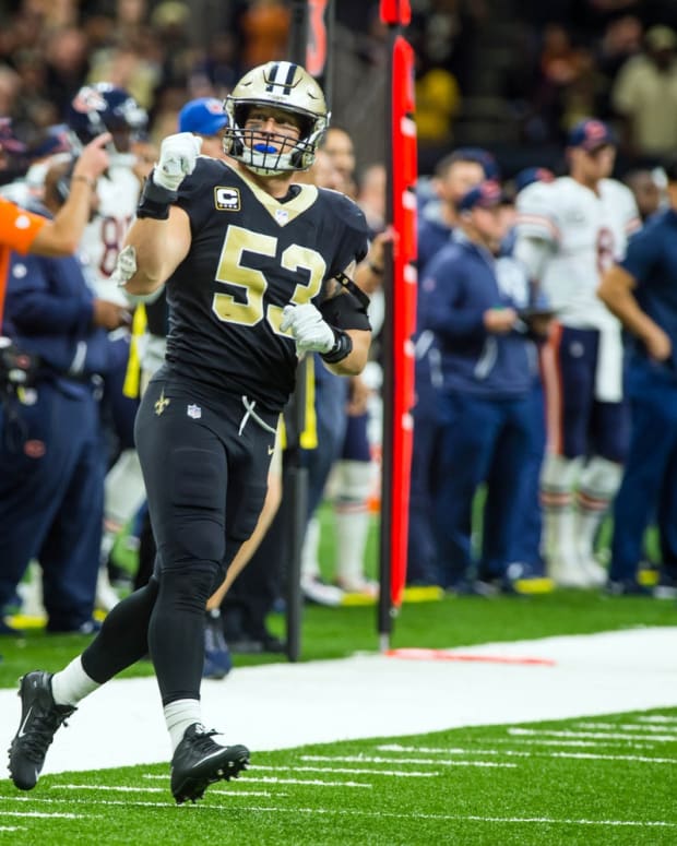 Oct 29, 2017; New Orleans, LA, USA; New Orleans Saints linebacker AJ Klein celebrates after a play agains the Chicago Bears at the Mercedes-Benz Superdome.