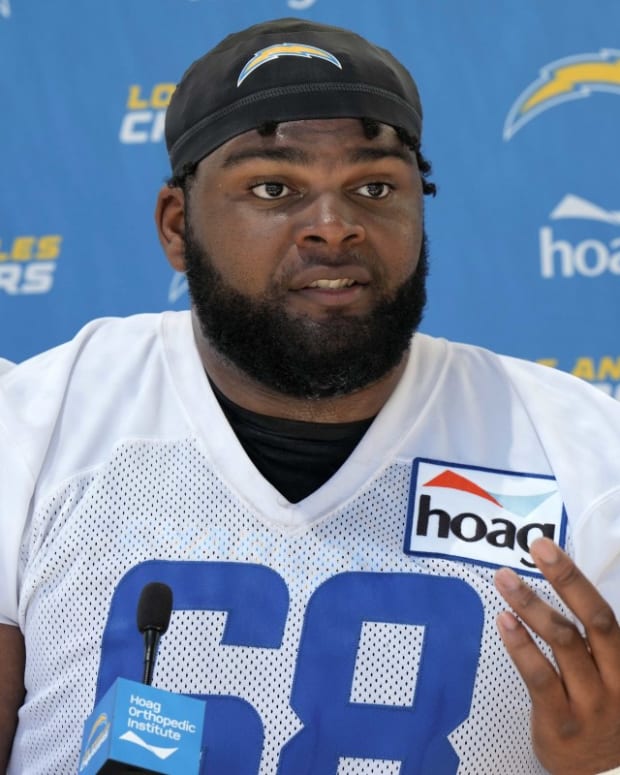 May 13, 2022; Costa Mesa CA, USA; Los Angeles Chargers offensive lineman Jamaree Salyer (68) at press conference during rookie minicamp at the Hoag Performance Center. Mandatory Credit: Kirby Lee-USA TODAY Sports
