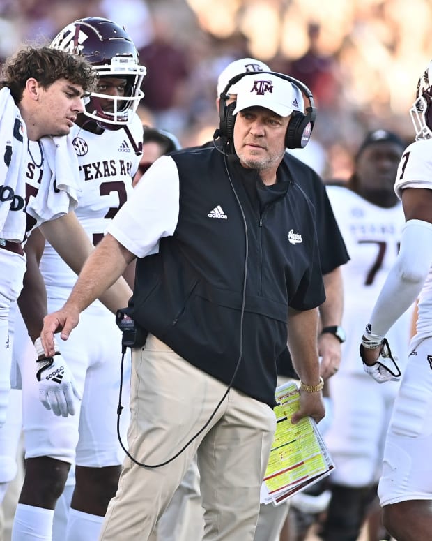 Texas A&M Aggies head coach Jimbo Fisher stands on the sidelines during the third quarter of the game against the Mississippi State Bulldogs at Davis Wade Stadium at Scott Field.