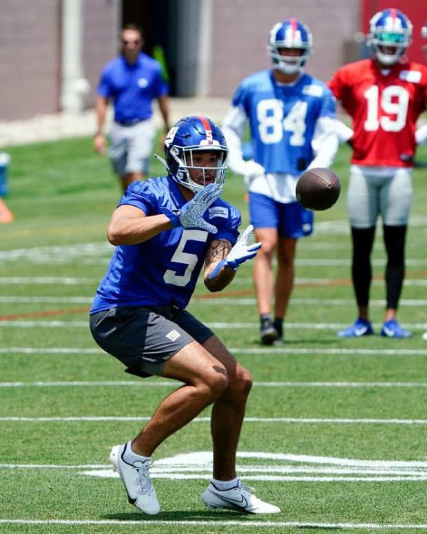 New York Giants wide receiver Keelan Doss (5) catches the ball during mandatory minicamp at the Quest Diagnostics Training Center on Tuesday, June 7, 2022, in East Rutherford. News Giants Mandatory Minicamp