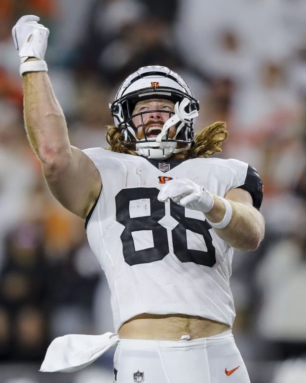 Sep 29, 2022; Cincinnati, Ohio, USA; Cincinnati Bengals tight end Hayden Hurst (88) reacts after scoring a touchdown against the Miami Dolphins in the second half at Paycor Stadium. Mandatory Credit: Katie Stratman-USA TODAY Sports