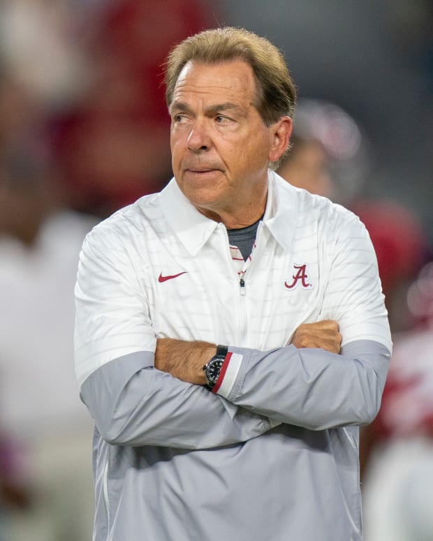 Oct 8, 2022; Tuscaloosa, Alabama, USA; Alabama Crimson Tide head coach Nick Saban prior to a game against the Texas A&M Aggies at Bryant-Denny Stadium. Mandatory Credit: Marvin Gentry-USA TODAY Sports