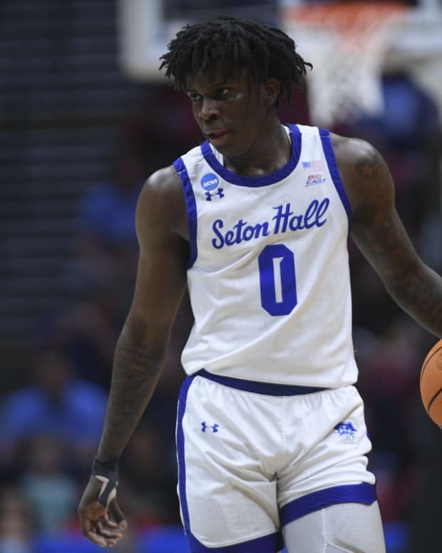 Mar 18, 2022; San Diego, CA, USA; Seton Hall Pirates guard Kadary Richmond (0) dribbles the basketball against the TCU Horned Frogs during the first half during the first round of the 2022 NCAA Tournament at Viejas Arena. Mandatory Credit: Orlando Ramirez-USA TODAY Sports