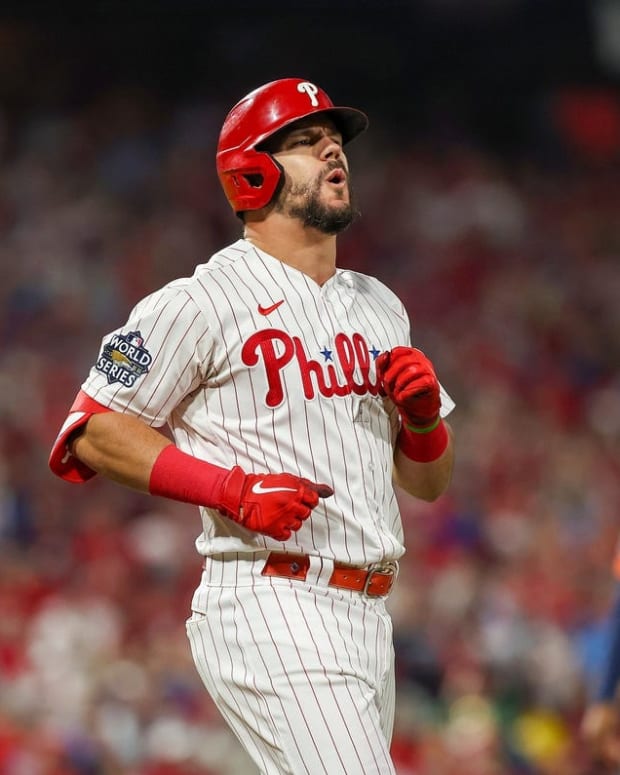 Nov 2, 2022; Philadelphia, Pennsylvania, USA; Philadelphia Phillies left fielder Kyle Schwarber (12) reacts after hitting a foul ball against the Houston Astros during the third inning in game four of the 2022 World Series at Citizens Bank Park. Mandatory Credit: Bill Streicher-USA TODAY Sports