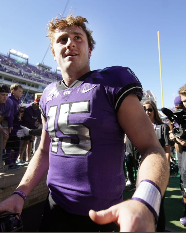 TCU Horned Frogs quarterback Max Duggan (15) leaves the field following a game against the Texas Tech Red Raiders at Amon G. Carter Stadium.